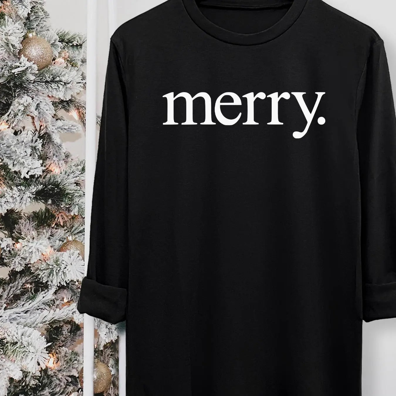 Women's Christmas Letter Print Round Neck Tee, Casual Long Sleeve Crew Neck T-shirt for Fall & Winter, Women's Top for...