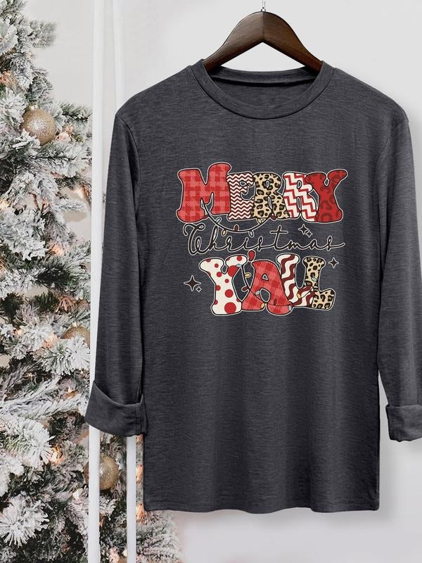 Women's Christmas Letter Print Round Neck Tee, Casual Long Sleeve Crew Neck T-shirt for Fall & Winter, Women's Top for...