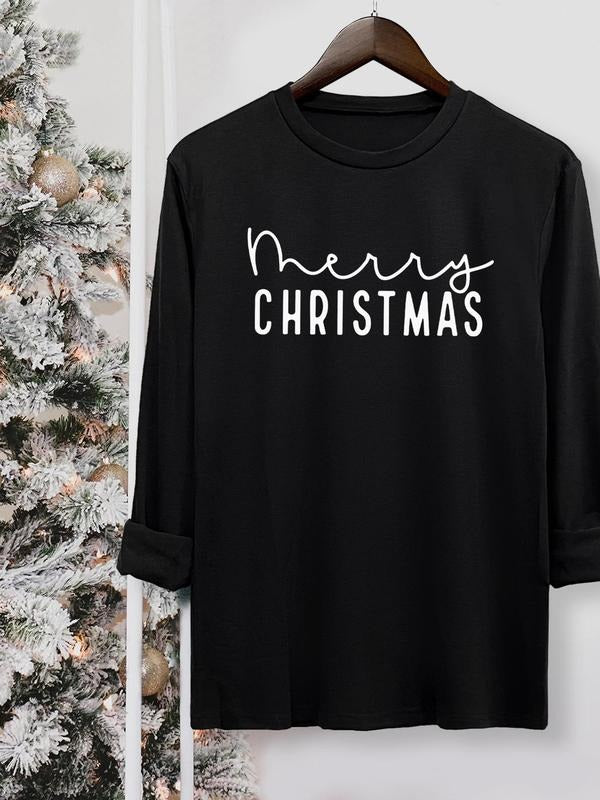Women's Christmas Letter Print Round Neck Tee, Casual Long Sleeve Crew Neck T-shirt for Fall & Winter, Women's Top for...