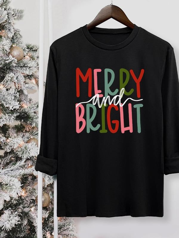 Women's Christmas Letter Print Round Neck Tee, Casual Long Sleeve Crew Neck T-shirt for Fall & Winter, Women's Top for...