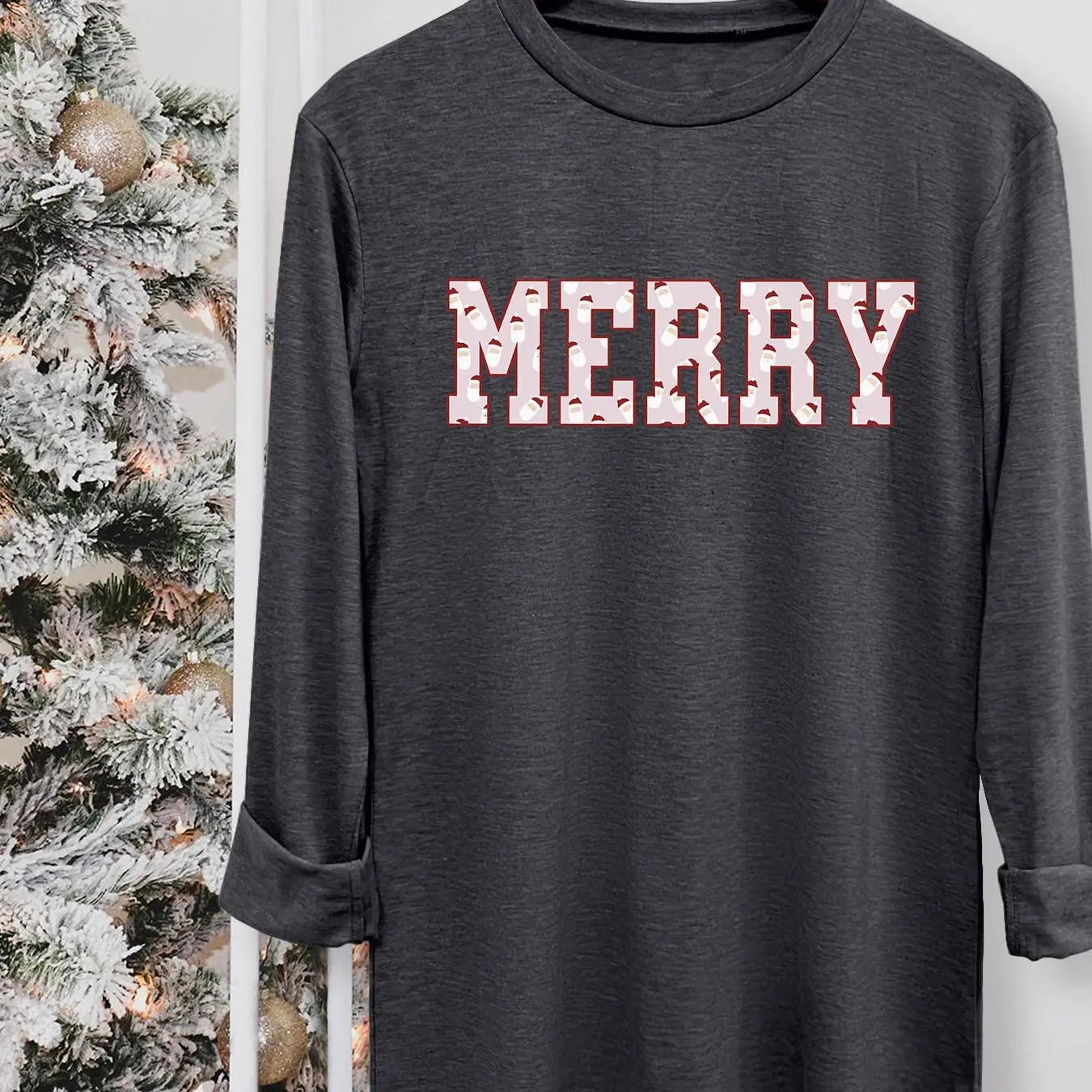 Women's Christmas Letter Print Round Neck Tee, Casual Long Sleeve Crew Neck T-shirt for Fall & Winter, Women's Top for...