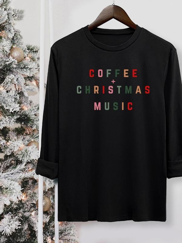 Women's Christmas Letter Print Round Neck Tee, Casual Long Sleeve Crew Neck T-shirt for Fall & Winter, Women's Top for...