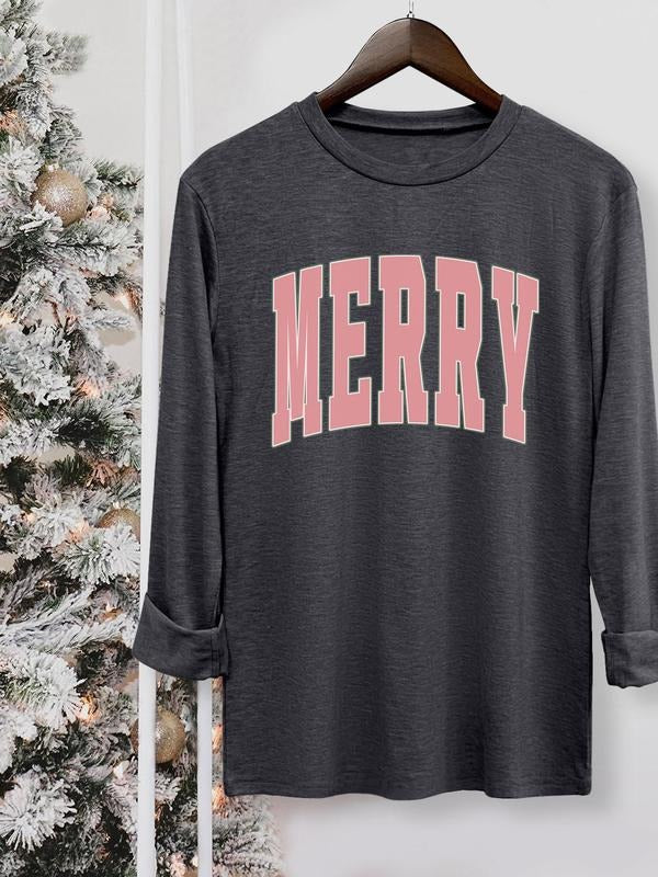 Women's Christmas Letter Print Round Neck Tee, Casual Long Sleeve Crew Neck T-shirt for Fall & Winter, Women's Top for...