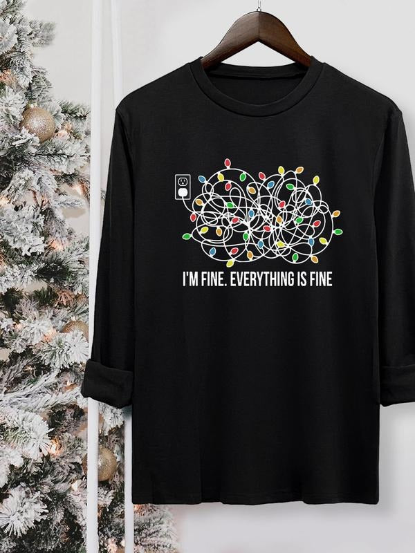 Women's Christmas Letter Print Round Neck Tee, Casual Long Sleeve Crew Neck T-shirt for Fall & Winter, Women's Top for...