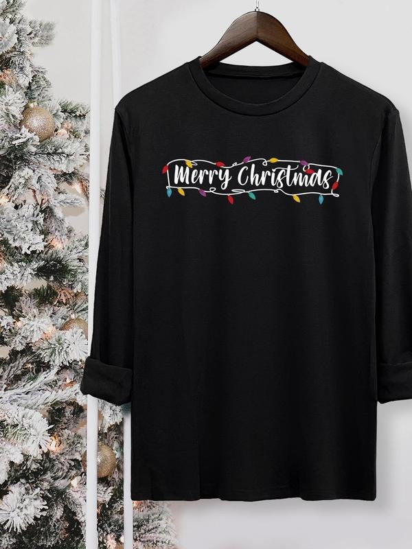 Women's Christmas Letter Print Round Neck Tee, Casual Long Sleeve Crew Neck T-shirt for Fall & Winter, Women's Top for...