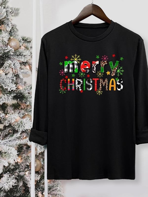 Women's Christmas Letter Print Round Neck Tee, Casual Long Sleeve Crew Neck T-shirt for Fall & Winter, Women's Top for...