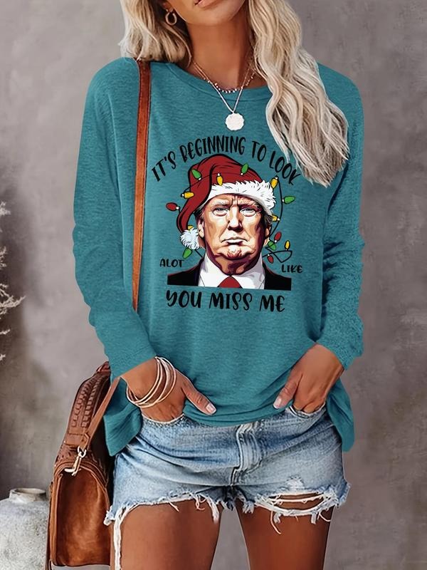 Women's Christmas Letter Print Round Neck Tee, Casual Long Sleeve Crew Neck T-shirt for Spring & Fall, Women's Top for...