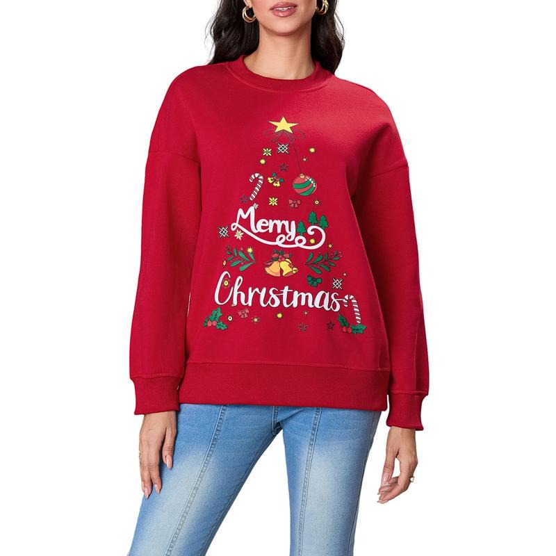 Women's Christmas Print Sweatshirt Drop Shoulders Long Sleeve Casual Pullover Tops T-Shirts, Hoodie | HypeDripTees.com