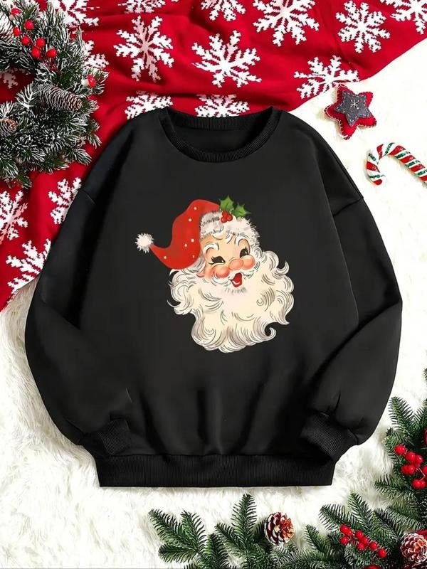 Women's Christmas Santa Claus Print Crew Neck Sweatshirt, Casual Long Sleeve Pullover for Fall & Winter, Women's Clothes...