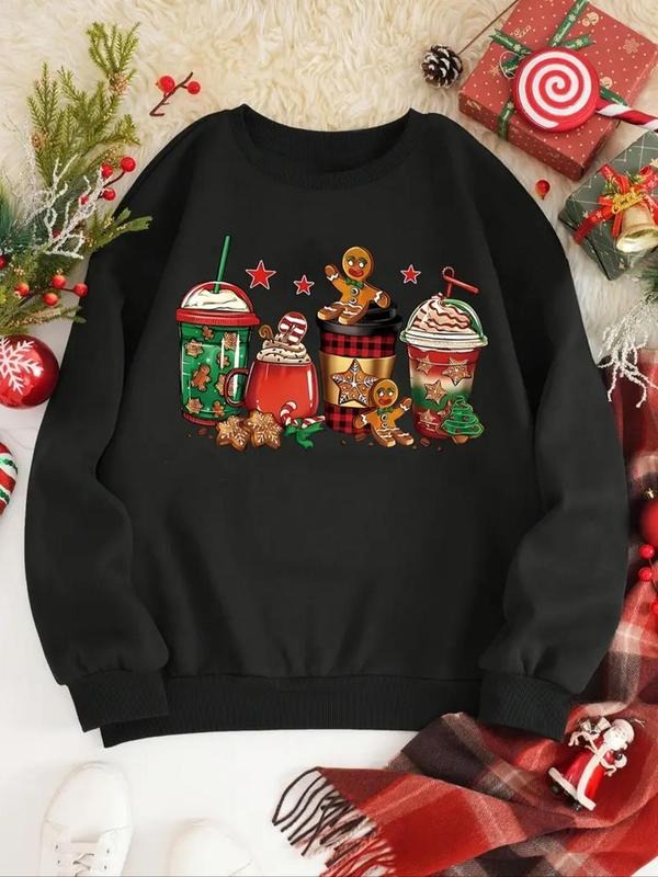 Women's Christmas Themed Cartoon Cup & Gingerbread Man Print Crew Neck Sweatshirt, Casual Drop Shoulder Long Sleeve...