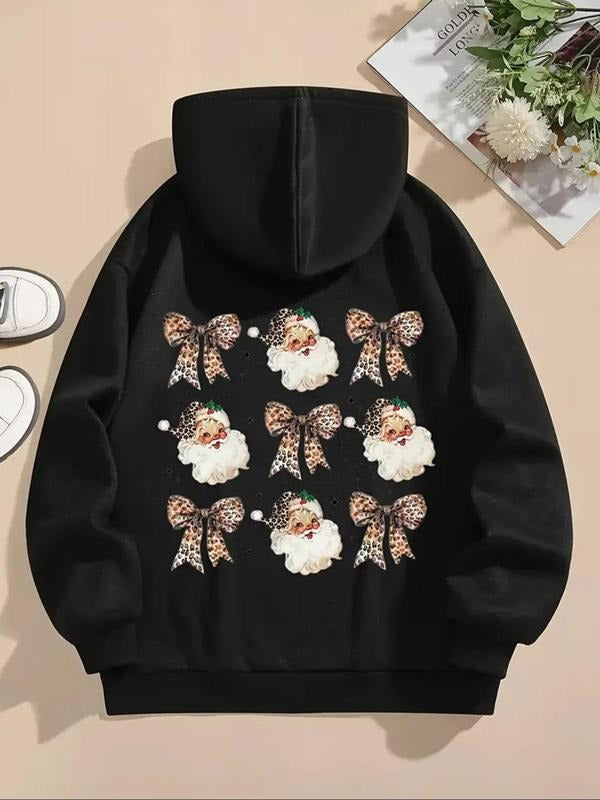 Women's Christmas Themed Cartoon Santa Claus Print Drawstring Pocket Hoodie, Fashion Casual Drop Shoulder Hooded...