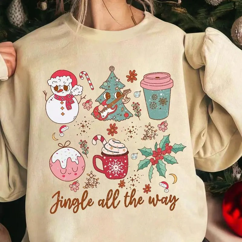 Women's Christmas Themed Round Neck Sweatshirt, Casual Drop Shoulder Long Sleeve Pullover, Women's Fall & Winter Clothes...