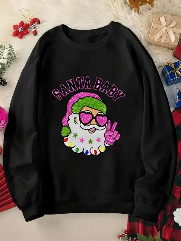 Women's Christmas Themed Santa & Letter Print Drop Shoulder Sweatshirt, Casual Long Sleeve Round Neck Pullover for Daily...