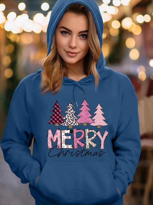 Women's Christmas Tree & Letter Print Drawstring Pocket Hoodie, Casual Long Sleeve Hooded Sweatshirt for Fall & Winter,...