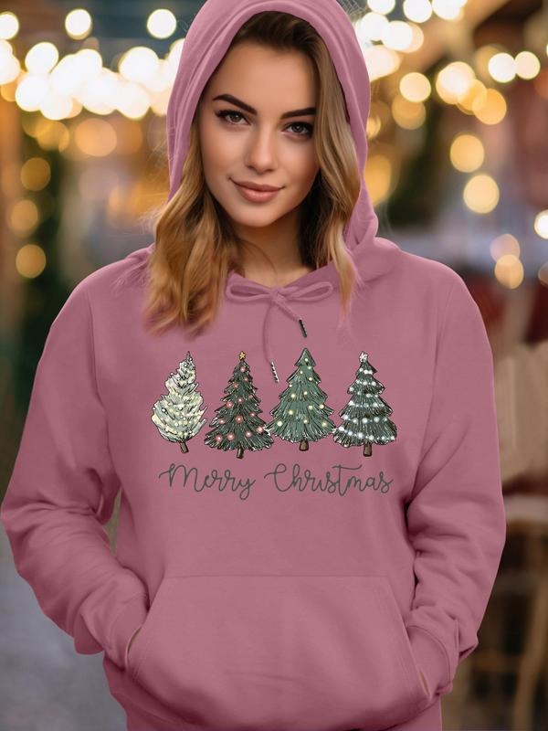 Women's Christmas Tree & Letter Print Drop Shoulder Hoodie, Fashion Casual Drawstring Pocket Hooded Sweatshirt for Daily...