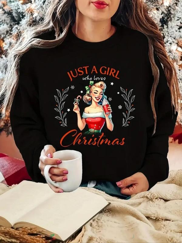 Women's Christmas Tree & Letter Print Drop Shoulder Sweatshirt, Casual Long Sleeve Round Neck Pullover for Fall & Winter,...