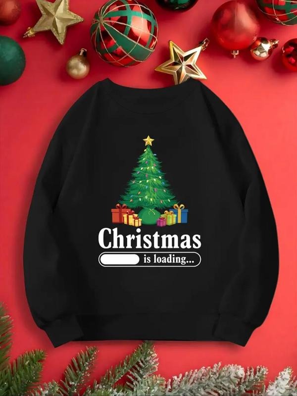 Women's Christmas Tree & Letter Print Drop Shoulder Sweatshirt, Casual Long Sleeve Round Neck Pullover for Fall & Winter,...
