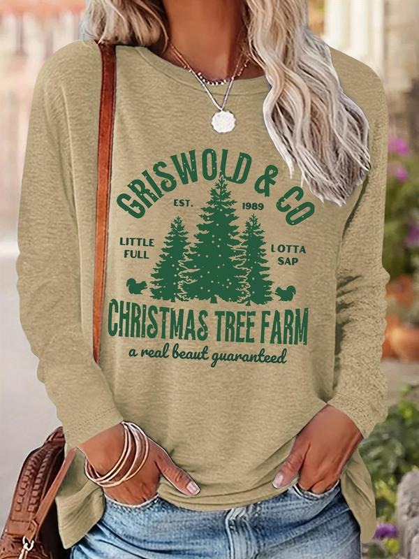 Women's Christmas Tree & Letter Print Round Neck Sweatshirt, Casual Long Sleeve Crew Neck Pullover for Fall & Winter,...