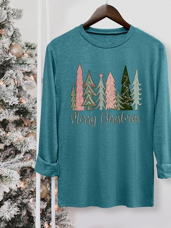 Women's Christmas Tree & Letter Print Round Neck Tee, Casual Long Sleeve Crew Neck T-shirt for Fall & Winter, Women's Top...