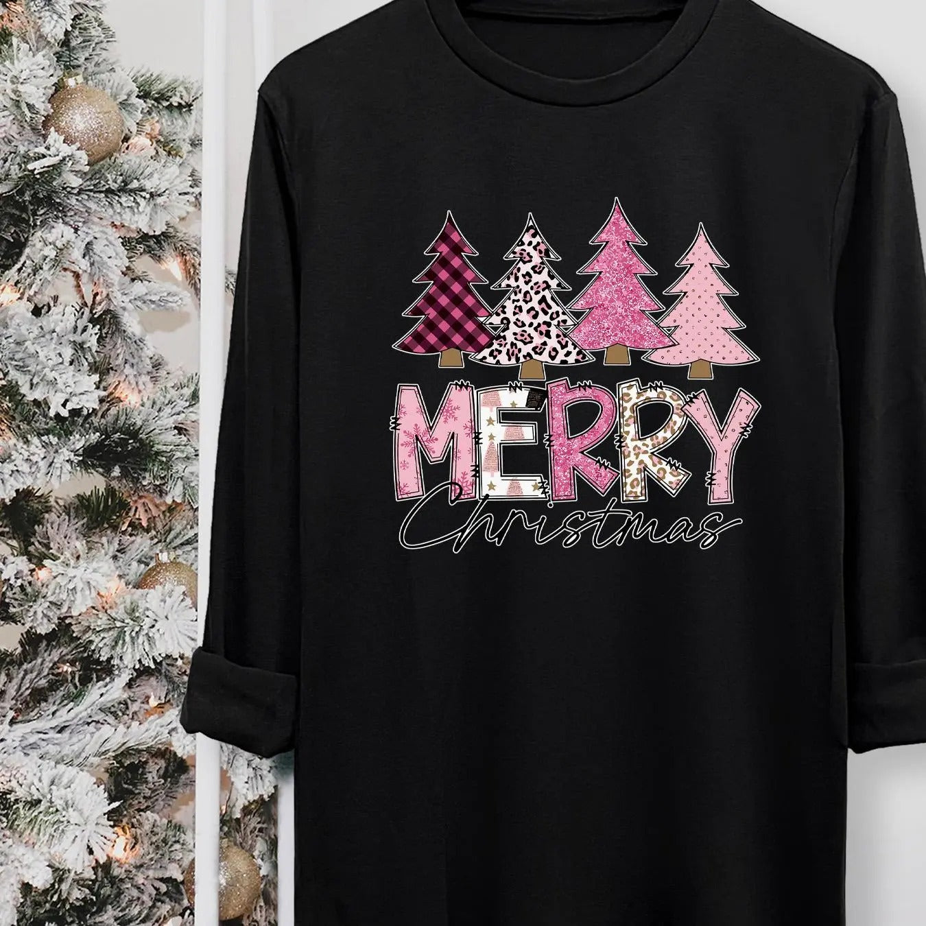 Women's Christmas Tree & Letter Print Round Neck Tee, Casual Long Sleeve Crew Neck T-shirt for Fall & Winter, Women's Top...