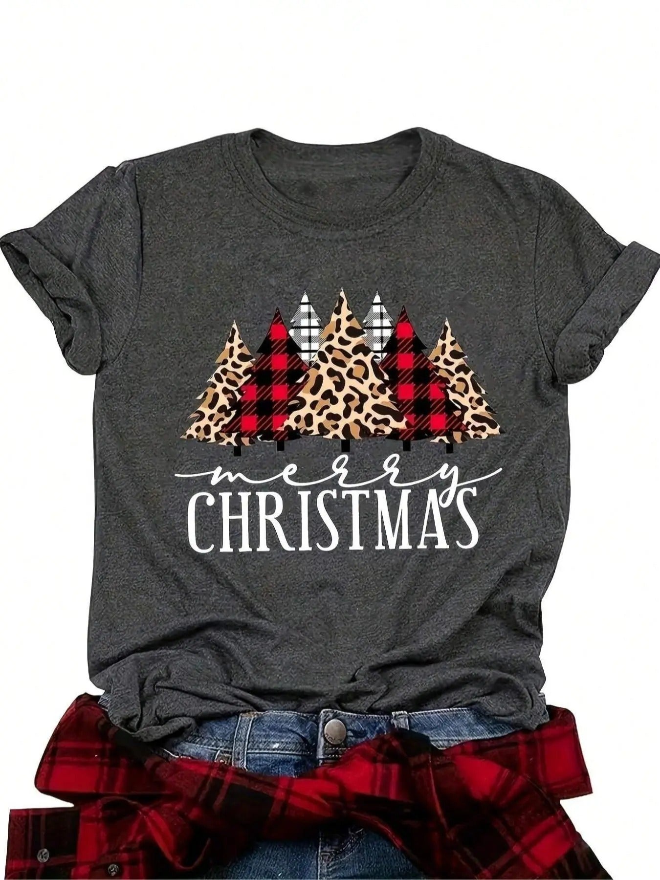 Women's Christmas Tree Plaid & Leopard & Letter Print Round Neck Graphic Tee, Casual Short Sleeve Crew Neck T-shirt for...