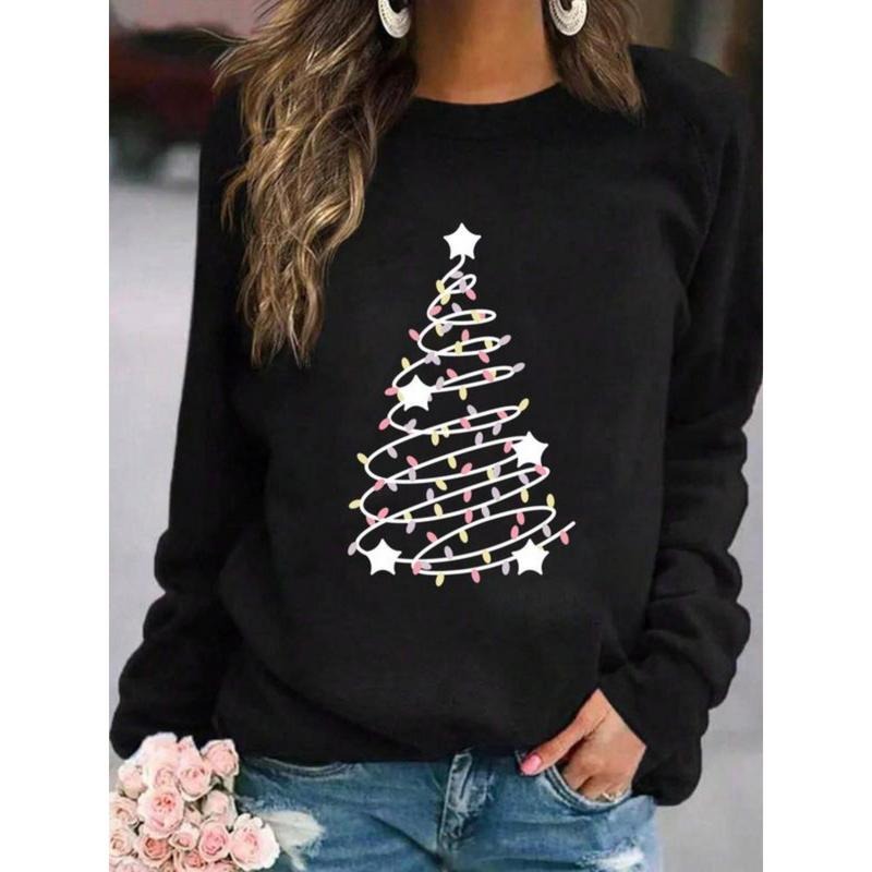 Women's Christmas Tree Print Crew Neck Sweatshirt, Casual Long Sleeve Pullover for Fall & Winter, Women's Clothes for...
