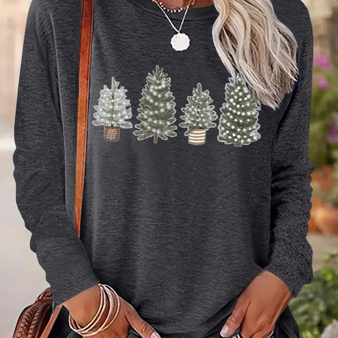 Women's Christmas Tree Print Round Neck Tee, Casual Long Sleeve Crew Neck T-shirt for Fall & Winter, Women's Top for...