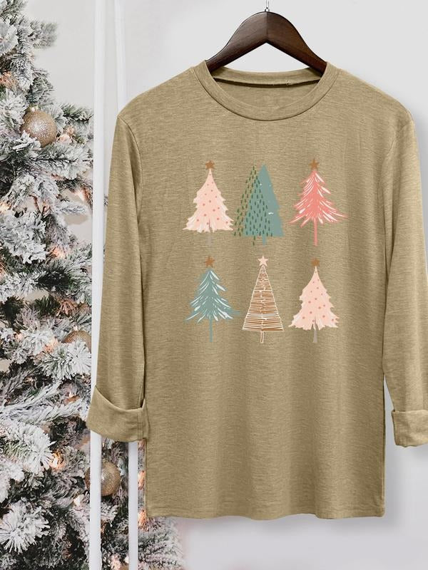 Women's Christmas Tree Print Round Neck Tee, Casual Long Sleeve Crew Neck T-shirt for Fall & Winter, Women's Top for...