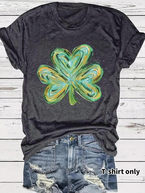 Women's Clover Print Round Neck Tee, Casual Short Sleeve Crew Neck T-Shirt for Summer, Fashion Women's Top for Daily Wear...