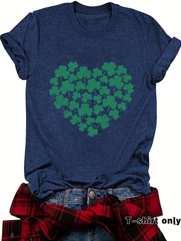 Women's Clover Print Round Neck Tee, Casual Short Sleeve Crew Neck T-shirt for Spring, Fashion Women's Top for Daily Wear...
