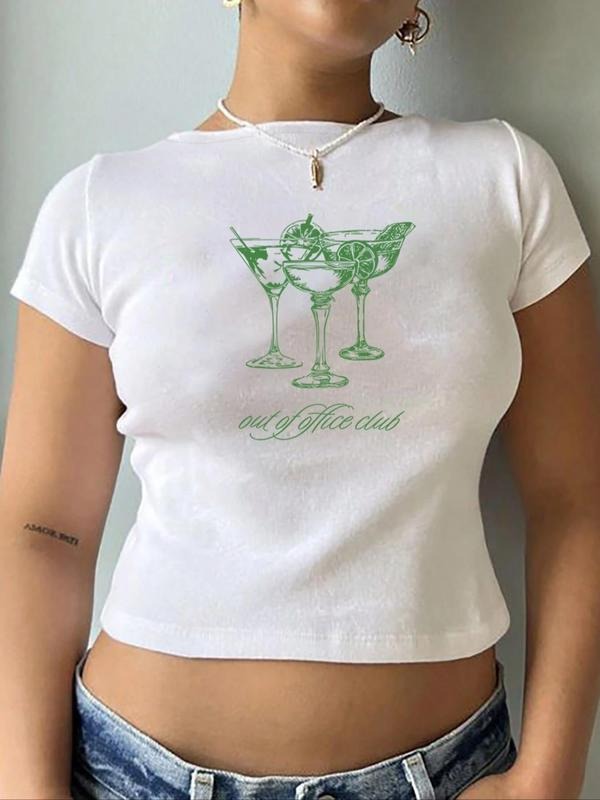 Women's Cocktail & Letter Print Round Neck Crop Tee, Casual Short Sleeve Crew Neck T-Shirt for Summer, Fashion Women's...
