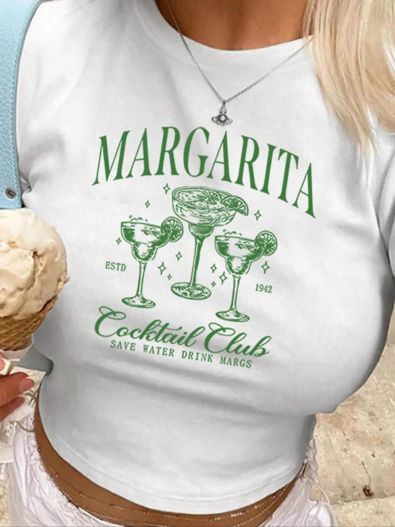 Women's Cocktail & Letter Print Round Neck Crop Tee, Casual Short Sleeve Graphic T-shirt, Ladies Summer Outfit for Daily...