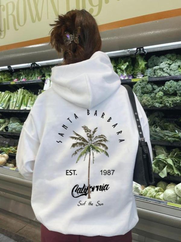 Women's Coconut Tree & Letter Print Drop Shoulder Hoodie, Fashion Casual Drawstring Pocket Hooded Sweatshirt for Daily...