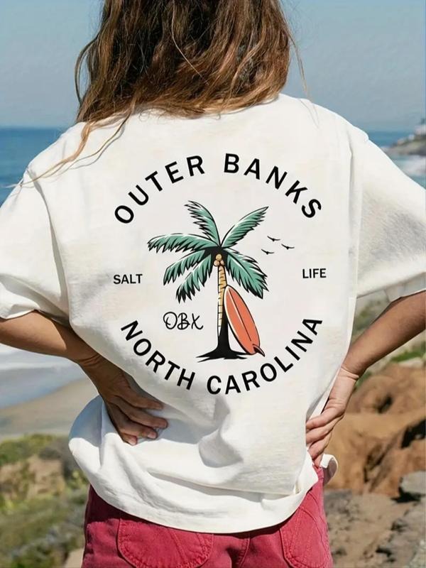 Women's Coconut Tree & Letter Print Round Neck Tee, Casual Drop Shoulder Short Sleeve T-shirt for Summer, Ladies Clothes...