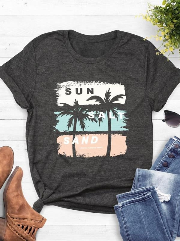 Women's Coconut Tree Print Round Neck Graphic Tee, Vintage Trendy Casual Short Sleeve T-shirt For Daily Wear, Ladies All...
