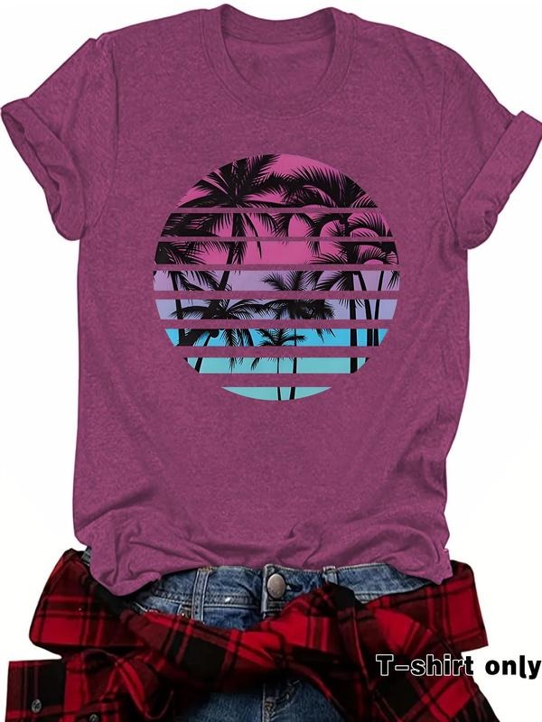 Women's Coconut Tree Print Round Neck Tee, Casual Short Sleeve Crew Neck T-shirt for Summer, Fashion Women's Top for...