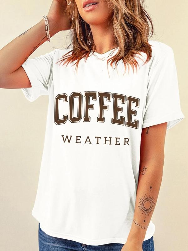 Women's Coffee Print Round Neck Tee, Fashion Casual Drop Shoulder Short Sleeve T-shirt, Ladies Summer Clothes for Daily...
