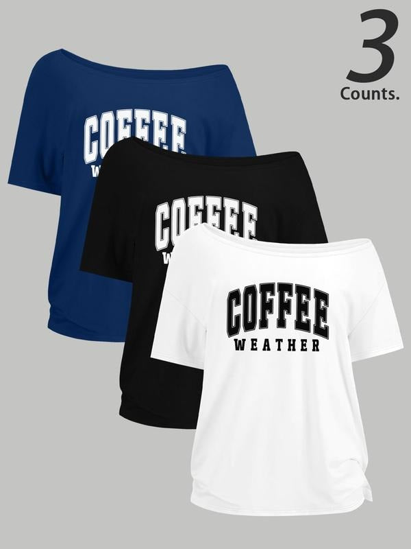 Women's Coffee Weather Letter Print One Shoulder Tee, Casual Short Sleeve T-shirt for Daily Wear, Ladies Clothes for All...