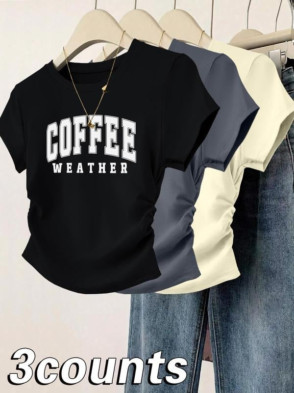 Women's Coffee Weather Letter Print Round Neck Tee, Casual Short Sleeve Crew Neck T-shirt for Daily Wear, Ladies Clothes...
