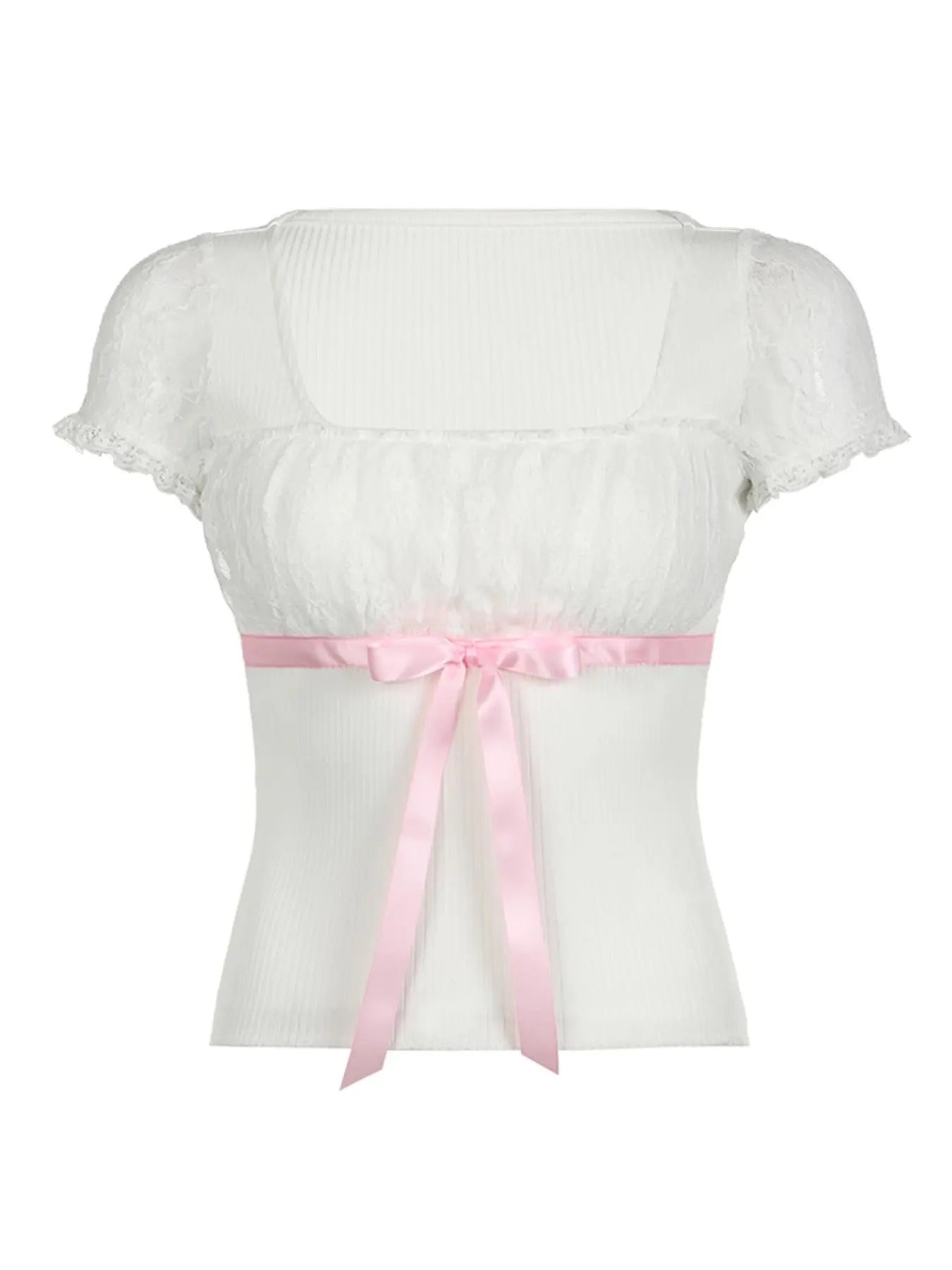 Women's Colorblock Bow Decor Contrast Lace Ruched Puff Sleeve Tee, Elegant Square Neck Short Sleeve T-shirt for Summer,...