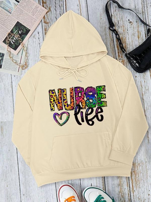 Women's Colorful Letter & Heart Print Drop Shoulder Hoodie, Fashion Casual Drawstring Pocket Hooded Sweatshirt for Daily...