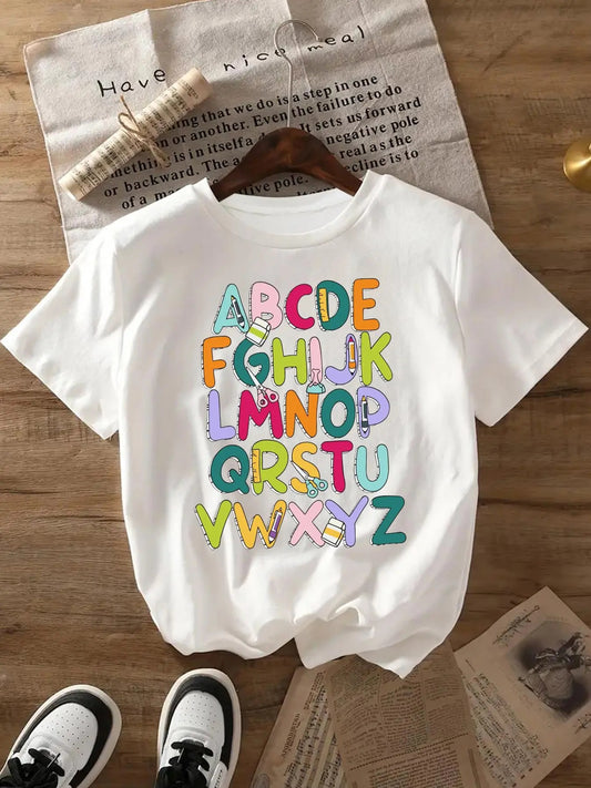 Women's Colorful Letter Print Round Neck Tee, Fashion Casual Crew Neck Short Sleeve T-shirt for Daily Holiday Vacation Outdoor Wear, Ladies Clothes for All Seasons