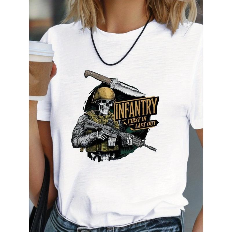 Women's Comfit T-Shirt - Military-Inspired Rifle & Camouflage Graphic, "Infantry First It's Out Last" Slogan, 100% US...