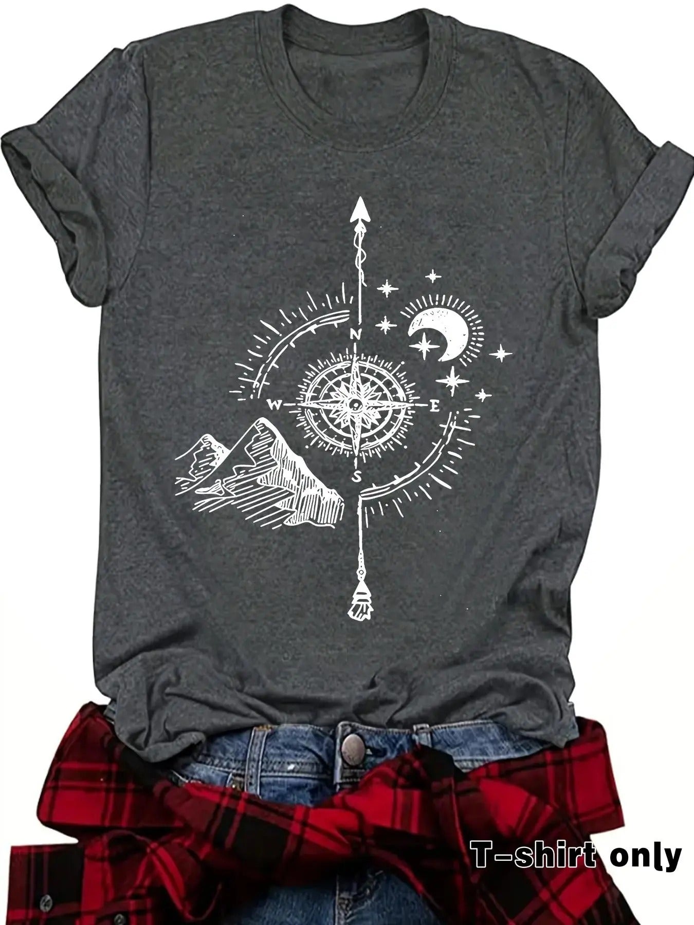 Women's Compass & Landscape Print Round Neck Tee, Casual Short Sleeve Crew Neck T-shirt for Spring, Fashion Women's Top...