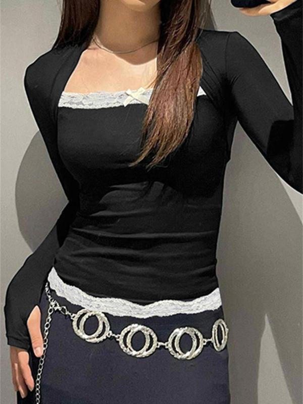 Women's Contrast Lace Bow Front Square Neck Tee, Elegant Long Sleeve T-Shirt for Spring & Fall, Women's Top for Daily...