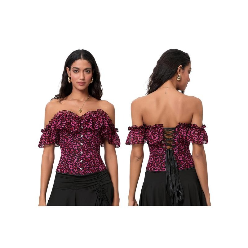 Women's Corset Crop Tops Flutter Sleeve Off Shoulder Lips Print Bustier Summer T-Shirts Hoodie, Sweatshirt | HypeDripTees.com