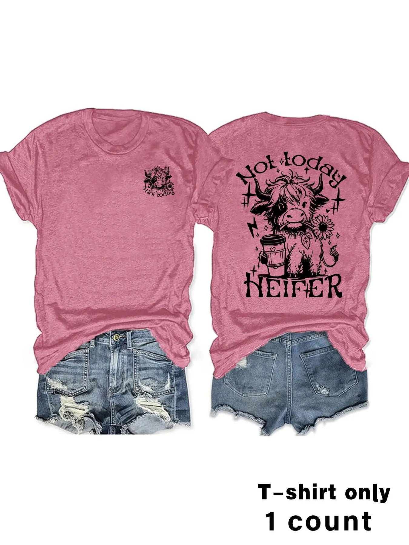 Women's Cow & Letter Print Round Neck Tee, Casual Short Sleeve Crew Neck T-shirt for Summer, Fashion Women's Top for...