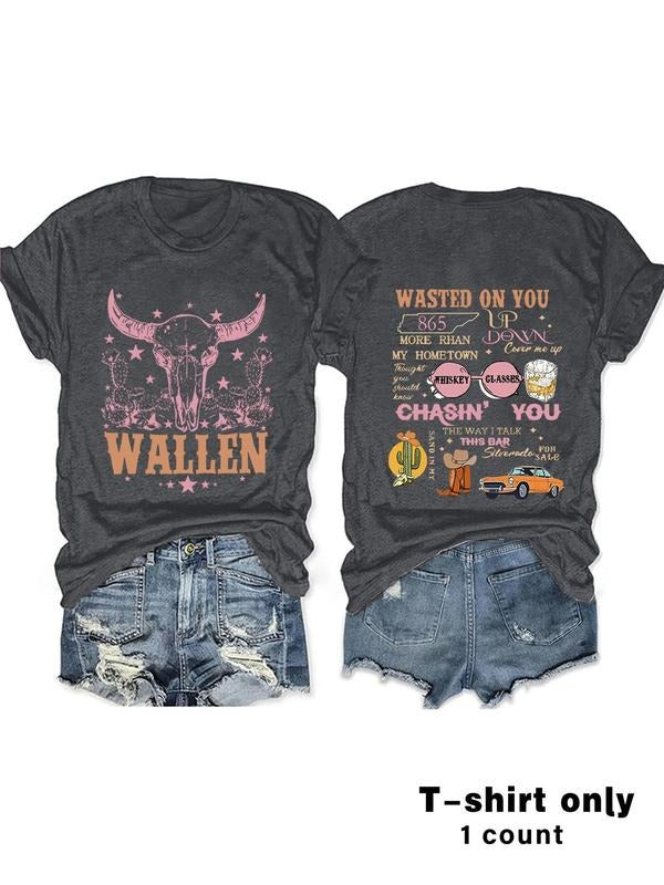 Women's Cow Head & Letter Print Round Neck Tee, Vintage Trendy Casual Short Sleeve Graphic T-shirt for Daily Wear, Ladies...