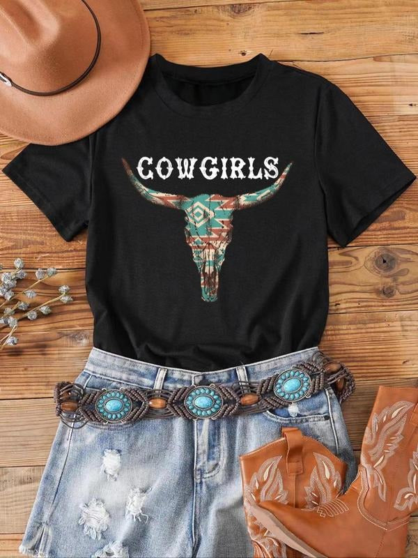 Women's Cow Letter Print Round Neck Graphic Tee, Vintage Trendy Casual Short Sleeve T-shirt for Daily Wear, Ladies All...