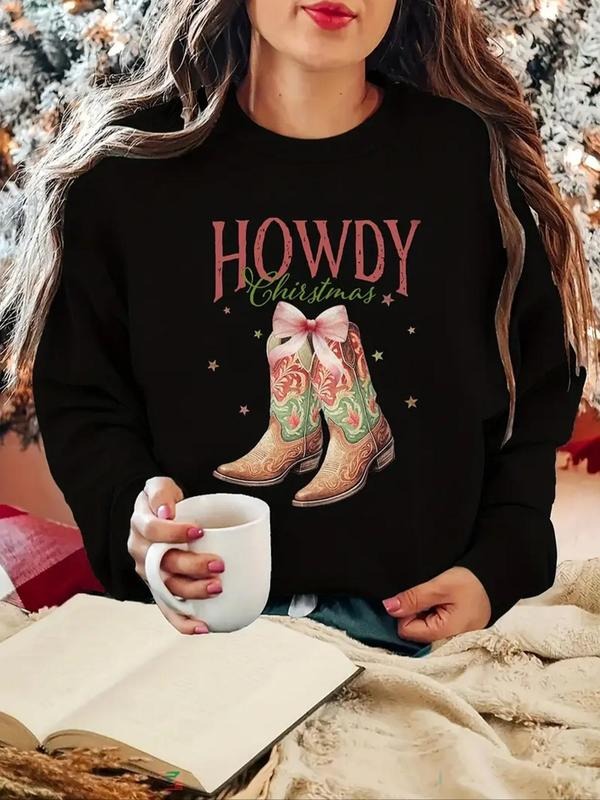 Women's Cowboy Boots & Letter Print Drop Shoulder Sweatshirt, Casual Long Sleeve Round Neck Pullover for Fall & Winter,...